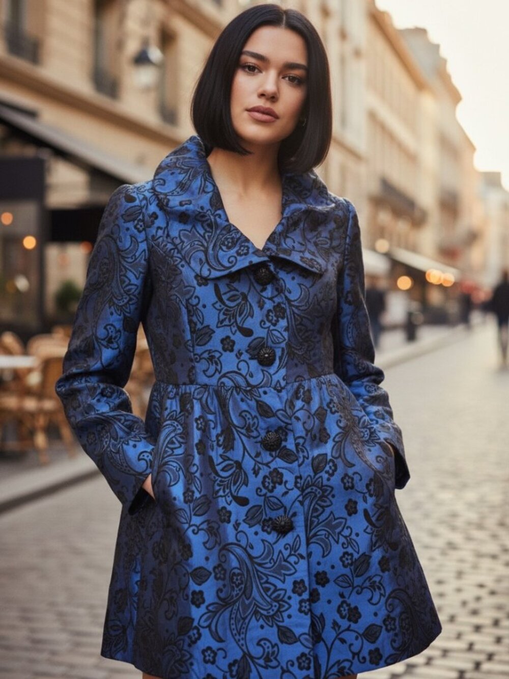 HAROLD'S Blue Brocade Coat Size 8 Floral Jacquard Ruffle Collar Top Saleb Peplum